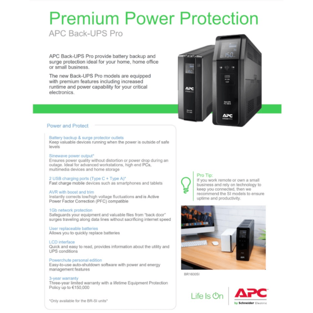เครื่องสำรองไฟฟ้า APC 1600VA 960 วัตต์ รุ่น BR1600SI-3Y EASY UPS 8 ช่อง ป้องกัน ไฟตก ไฟเกิน